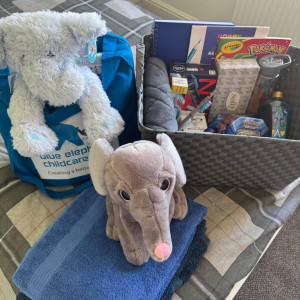 Personalised welcome pack example for new children welcomed to a Blue Elephant home shows a soft elephant toy and other goodies